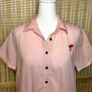 Billabong Women's Cotton Pink Beach Palm Tree Short Sleeve Button Up Shirt Med
